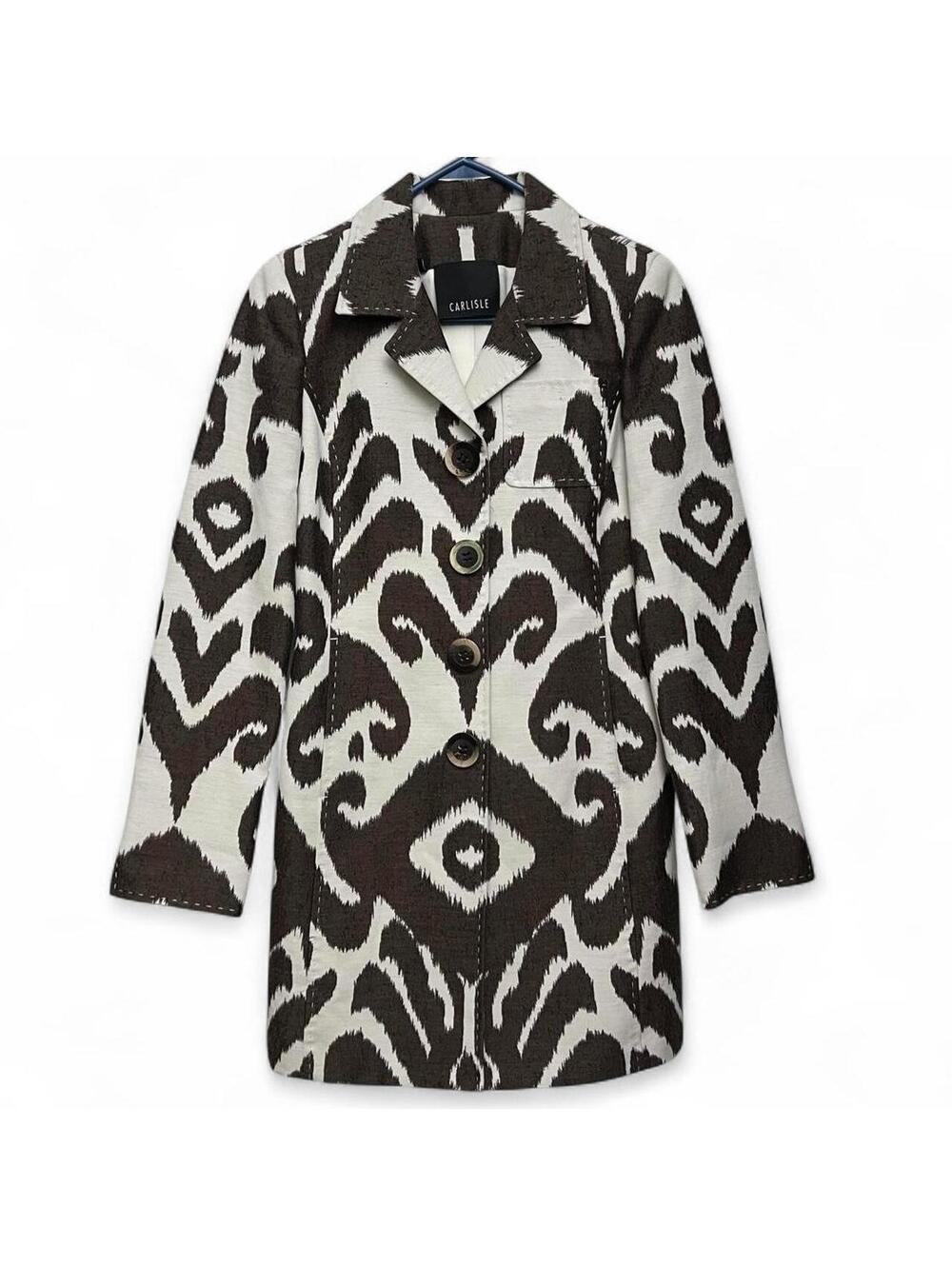 Carlisle white and black ikat pattern blazer style jacket with button-up front